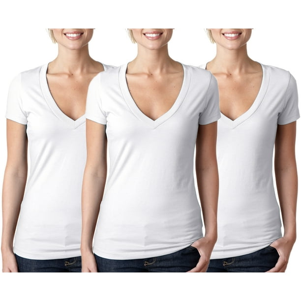 Black/White/Stone Gray Pack of 3 L Clementine Apparel Womens Petite Plus Deep V Neck Tee